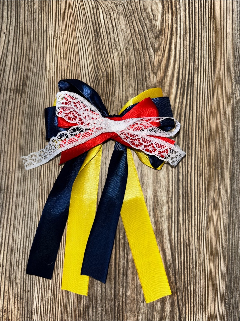 Handmade Multicolor Ribbon Hair Bow with Lace Trim - Navy, Yellow & Red 🇻🇪🇨🇴🇪🇨